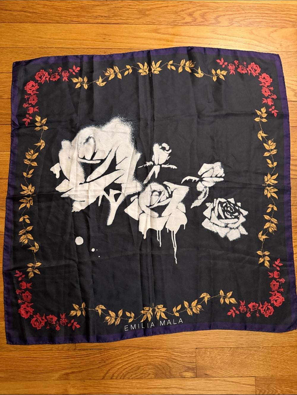 Emilia Mala Black Floral Rose Silk Scarf